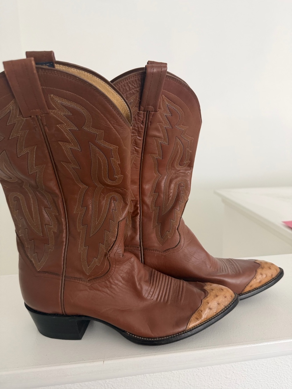Men's Brown Leather Western Cowboy Boots with Ostrich Toe